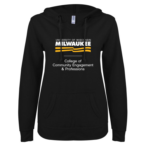  ENZA Womens Black V Notch Raw Edge Fleece Hoodie - UWM College of Community Engagement and Professions Condensed Mark