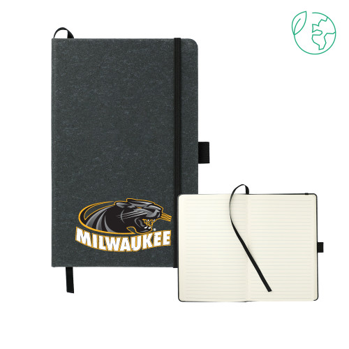  5.5 x 8.5 Black FSC Mix Recycled Leather Bound Journal - University of Wisconsin Milwaukee Panther Head Primary Mark