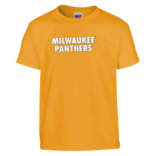  Youth Gold T Shirt - University of Wisconsin Milwaukee Panthers Wordmark Stacked