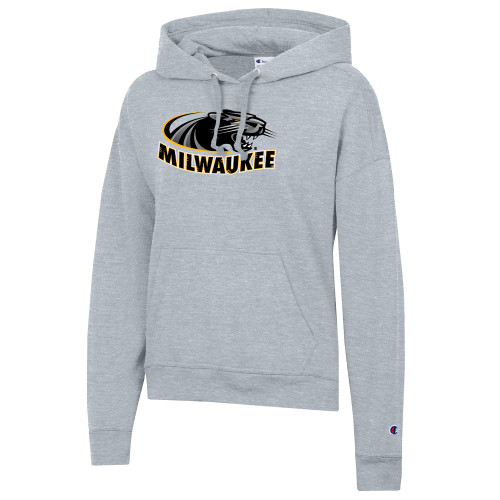  Champion Womens Oxford Grey Powerblend Pullover Hood - University of Wisconsin Milwaukee Panther Head Primary Mark