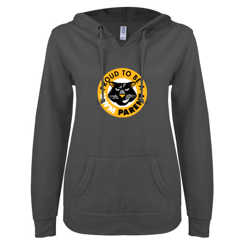  ENZA Womens Dark Heather V Notch Raw Edge Fleece Hoodie - Panther Head Proud To Be A UWM Parent