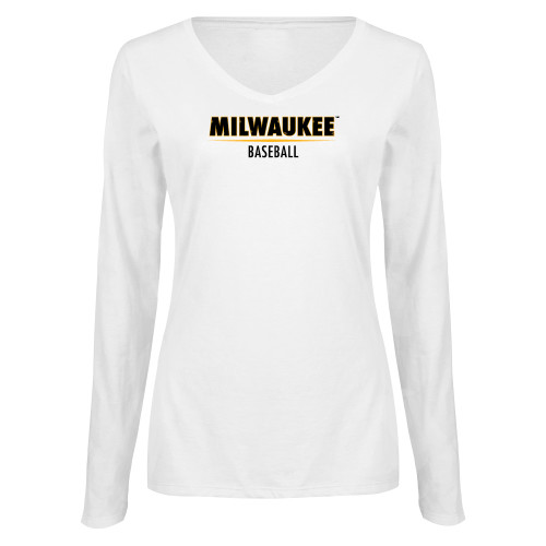  Womens White Long Sleeve V Neck Tee  - UW Milwaukee Baseball