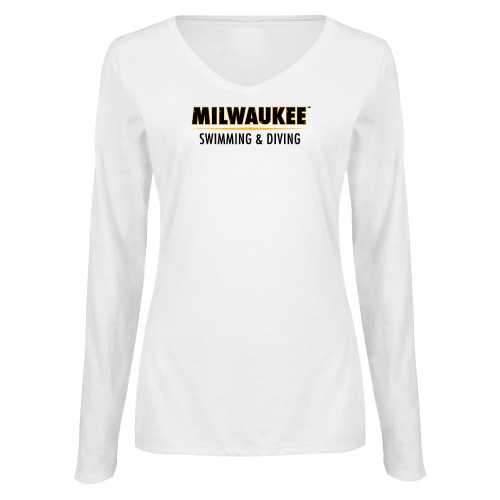  Womens White Long Sleeve V Neck Tee  - UW Milwaukee Swimming and Diving