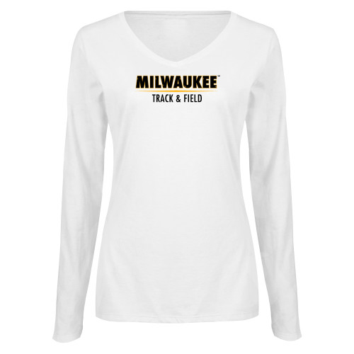  Womens White Long Sleeve V Neck Tee  - UW Milwaukee Track and Field