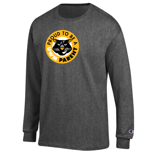  Champion Granite Heather Long Sleeve T Shirt - Panther Head Proud To Be A UWM Parent