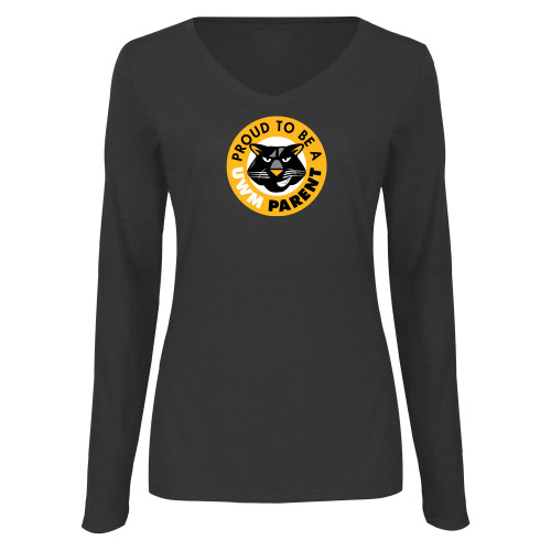  Womens Dark Heather Long Sleeve V Neck Tee  - Panther Head Proud To Be A UWM Parent