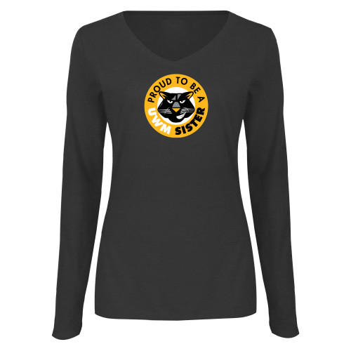  Womens Dark Heather Long Sleeve V Neck Tee  - Panther Head Proud To Be A UWM Sister