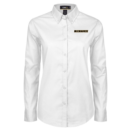  Womens White Twill Button Down Long Sleeve - University of Wisconsin Milwaukee Wordmark Flat