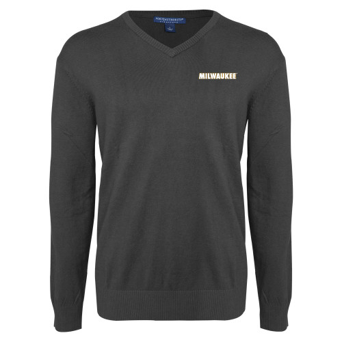  Charcoal Heather VNeck Sweater - University of Wisconsin Milwaukee Wordmark Flat