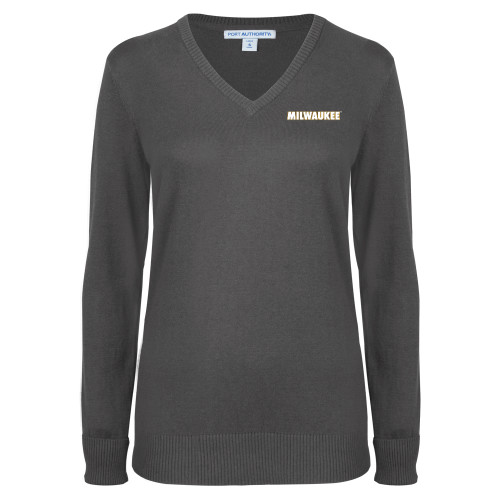  Womens Charcoal Heather VNeck Sweater  - University of Wisconsin Milwaukee Wordmark Flat