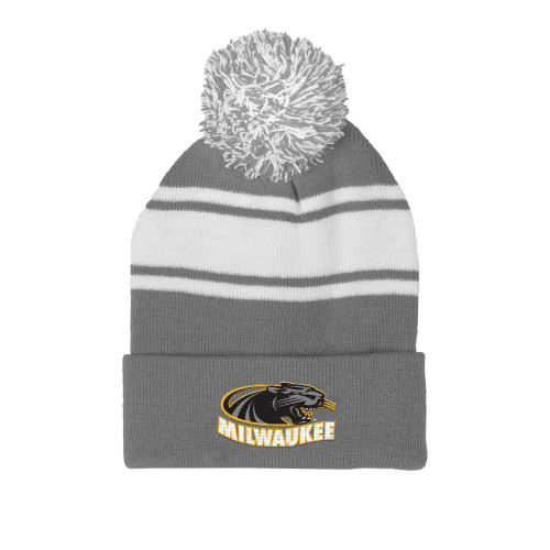  Grey/White Two Tone Knit Pom Beanie w/Cuff - University of Wisconsin Milwaukee Panther Head Primary Mark