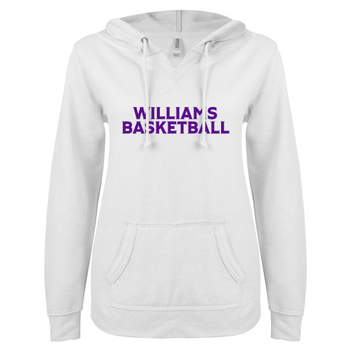  ENZA Womens White V Notch Raw Edge Fleece Hoodie - Williams Basketball