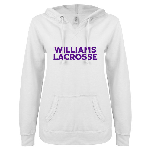  ENZA Womens White V Notch Raw Edge Fleece Hoodie - Williams Lacrosse