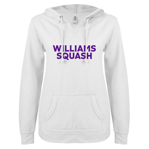  ENZA Womens White V Notch Raw Edge Fleece Hoodie - Williams Squash