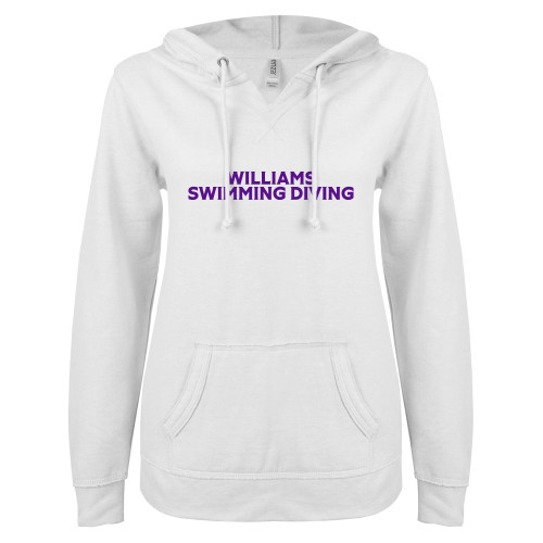  ENZA Womens White V Notch Raw Edge Fleece Hoodie - Williams Swimming Diving