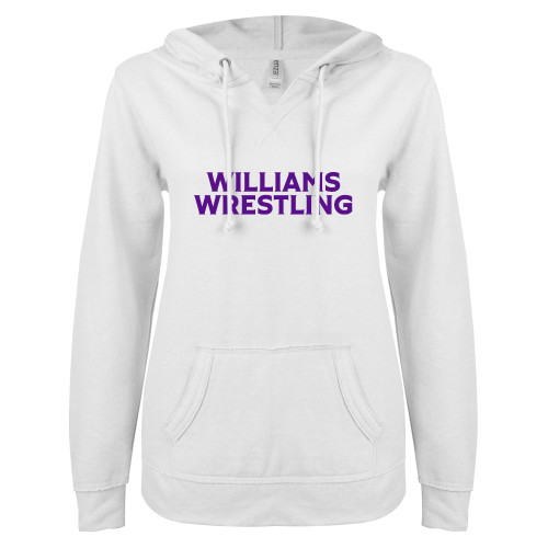 ENZA Womens White V Notch Raw Edge Fleece Hoodie - Williams Wrestling