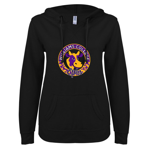  ENZA Womens Black V Notch Raw Edge Fleece Hoodie - Ephs Cow Pattern Circle