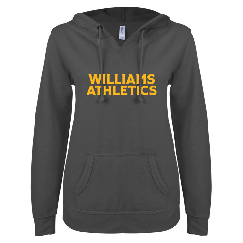  ENZA Womens Dark Heather V Notch Raw Edge Fleece Hoodie - Athletics Wordmark