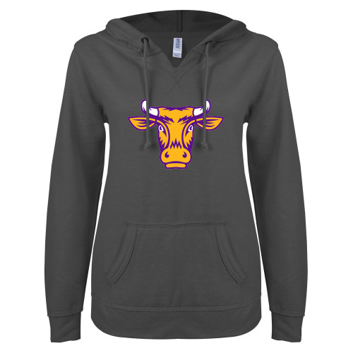  ENZA Womens Dark Heather V Notch Raw Edge Fleece Hoodie - Ephelia Head