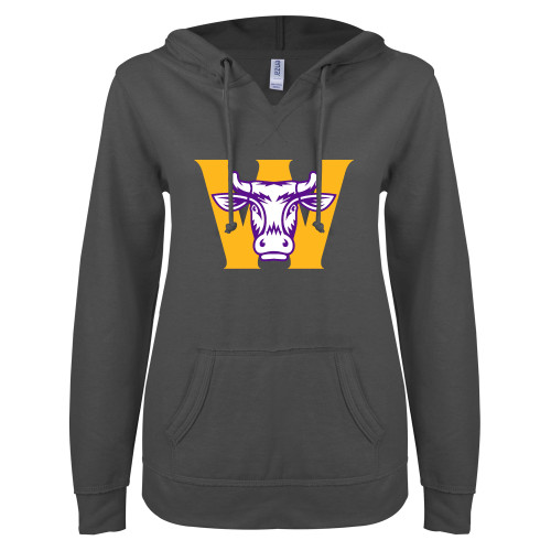  ENZA Womens Dark Heather V Notch Raw Edge Fleece Hoodie - W Ephelia Head