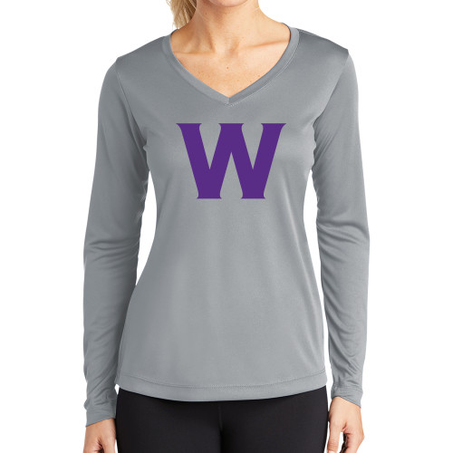  Womens Grey Performance Long Sleeve V Neck Shirt - W Logo
