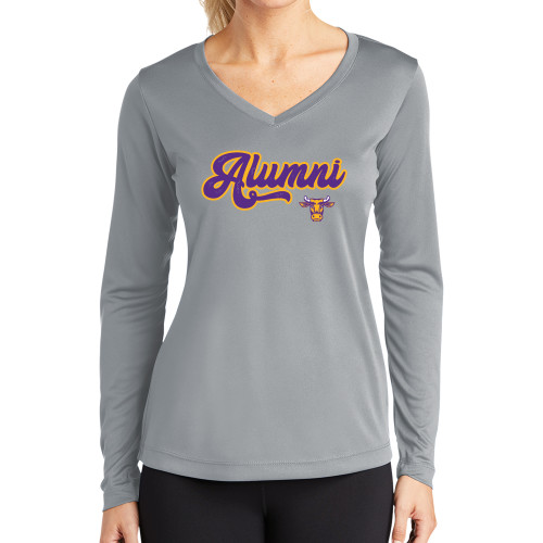  Womens Grey Performance Long Sleeve V Neck Shirt - Alumni Williams Script