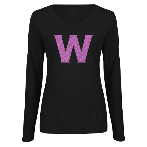  Womens Black Long Sleeve V Neck Tee  - E Lilac Soft Glitter