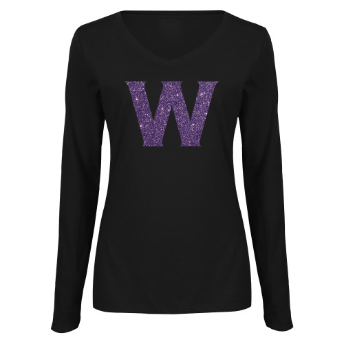  Womens Black Long Sleeve V Neck Tee  - I Purple Glitter