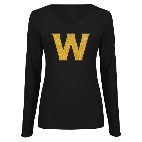  Womens Black Long Sleeve V Neck Tee  - T - Gold