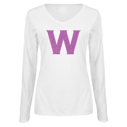  Womens White Long Sleeve V Neck Tee - E Lilac Soft Glitter