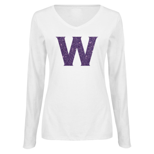  Womens White Long Sleeve V Neck Tee - I Purple Glitter