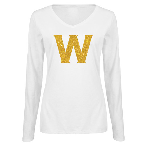  Womens White Long Sleeve V Neck Tee - T - Gold