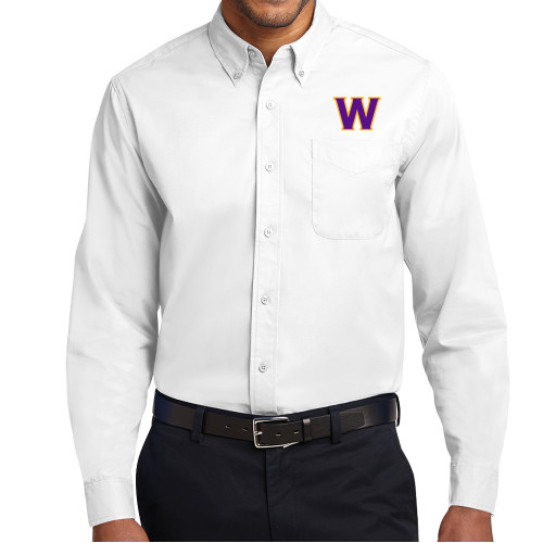  White Twill Button Down Long Sleeve - W Logo