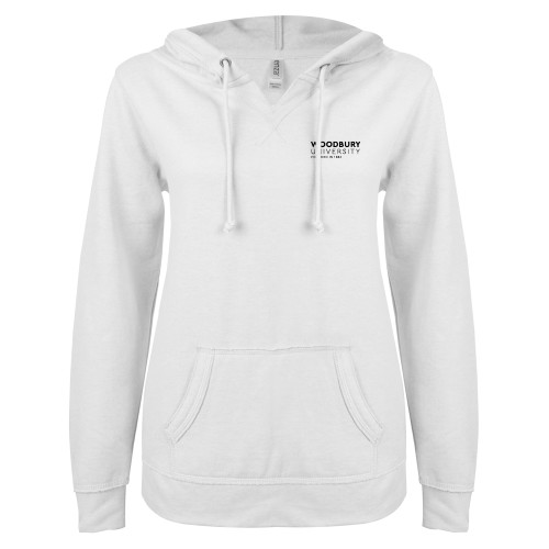 Woodbury ENZA Womens White V Notch Raw Edge Fleece Hoodie