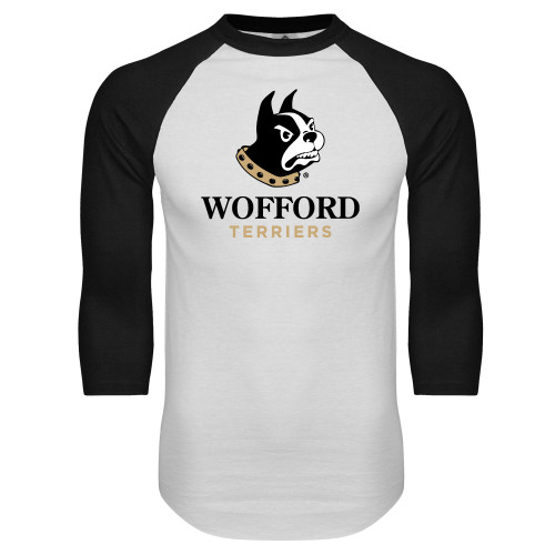  White/Black Raglan Baseball T Shirt - Wofford Terriers w/ Terrier