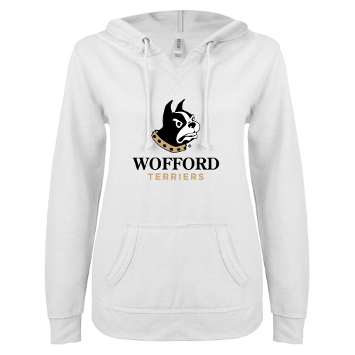  ENZA Womens White V Notch Raw Edge Fleece Hoodie - Wofford Terriers w/ Terrier