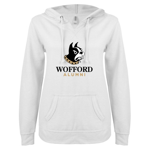 Wofford ENZA Womens White V Notch Raw Edge Fleece Hoodie
