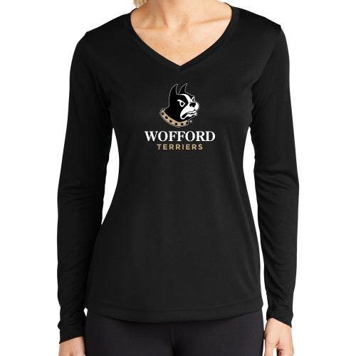  Womens Black Performance Long Sleeve V Neck Shirt - Wofford Terriers w/ Terrier