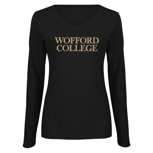  Womens Black Long Sleeve V Neck Tee  - Wofford College Stacked