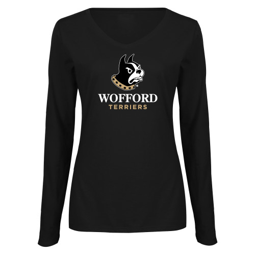  Womens Black Long Sleeve V Neck Tee  - Wofford Terriers w/ Terrier