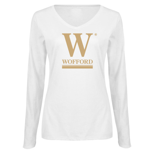  Womens White Long Sleeve V Neck Tee - W Wofford