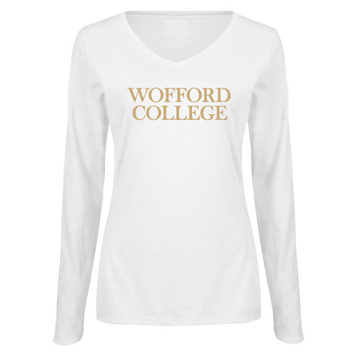  Womens White Long Sleeve V Neck Tee - Wofford College Stacked