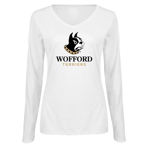  Womens White Long Sleeve V Neck Tee - Wofford Terriers w/ Terrier