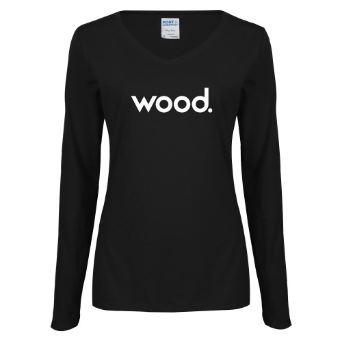 Womens Black Long Sleeve V Neck Tee -Primary Logo