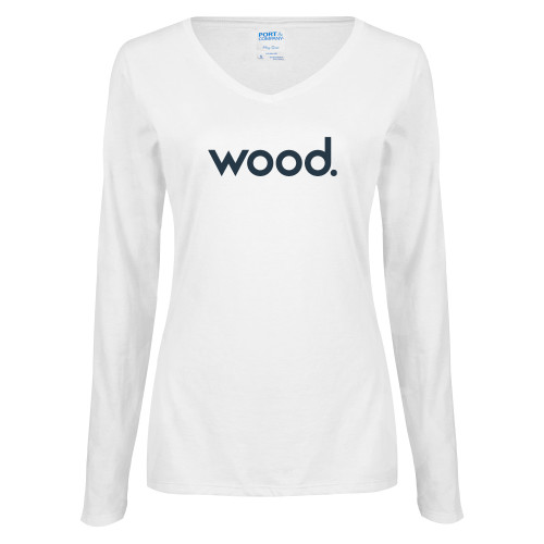 Womens White Long Sleeve V Neck Tee-Primary Logo