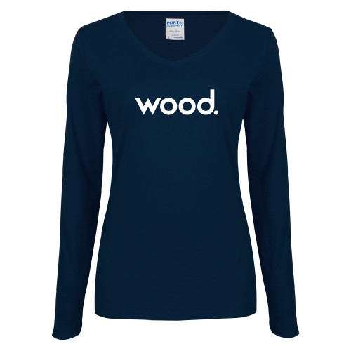 Womens Navy Long Sleeve V Neck Tee-Primary Logo