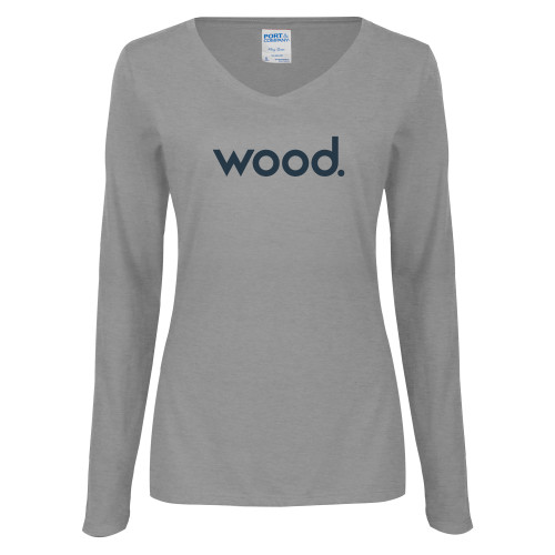 Womens Grey Long Sleeve V Neck Tee -Primary Logo