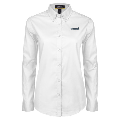 Womens White Twill Button Down Long Sleeve-Primary Logo