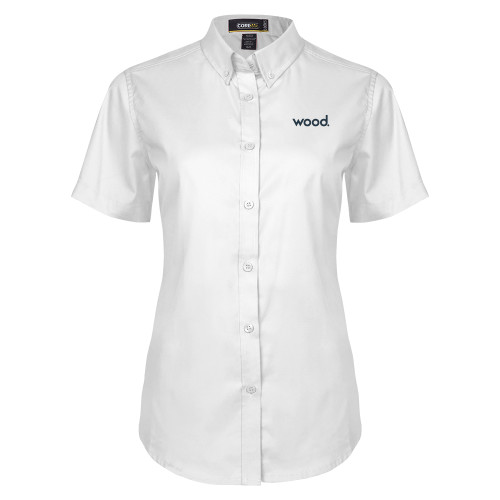 Womens White Twill Button Up Short Sleeve-Primary Logo