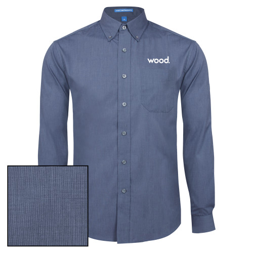 Deep Blue Poplin Crosshatch Long Sleeve Button Down-Primary Logo